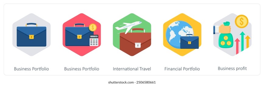 A set of 5 business icons as business portfolio, international travel, financial portfolio