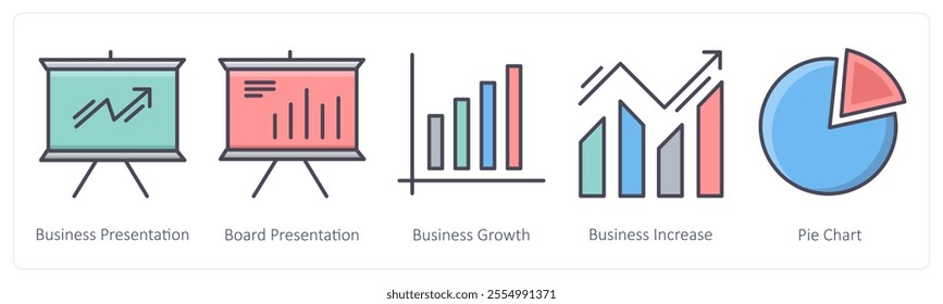 A set of 5 Business icons as business presentation, board presentation, business growth