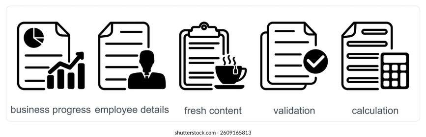 A set of 5 business icons as business progress, employee details, fresh content