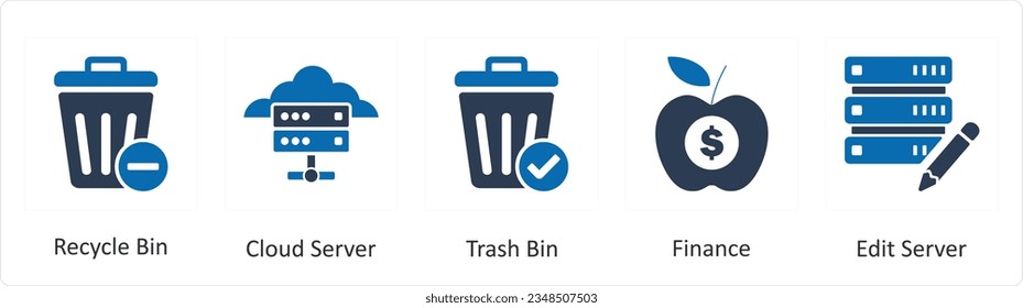 A set of 5 business icons as recycle bin, cloud server, trash bin