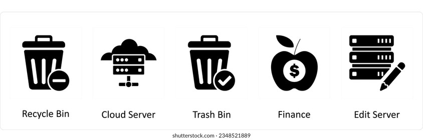 A set of 5 business icons as recycle bin, cloud server, trash bin