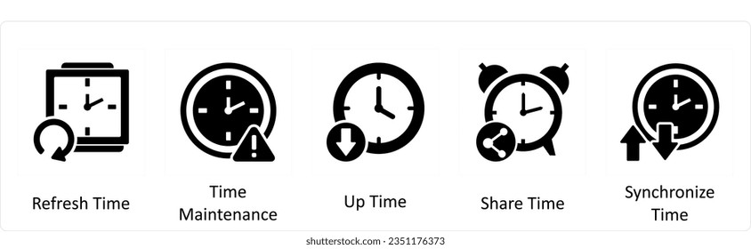 A set of 5 business icons as refresh time, time maintenace, up time