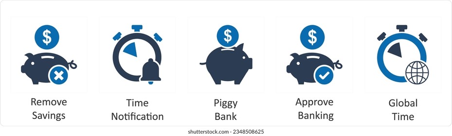 A set of 5 business icons as remove savings, time notification, piggy bank
