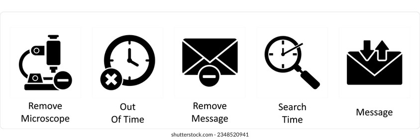 A set of 5 business icons as remove microscope, out of time, remove message
