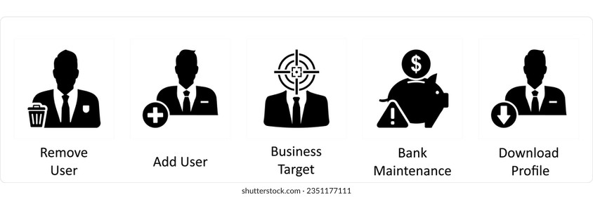 A set of 5 business icons as remove user, add user, business target