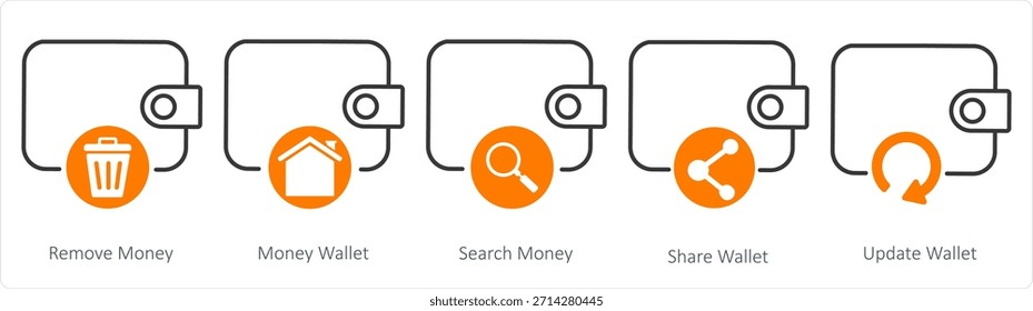 Um conjunto de 5 ícones de negócios como remover dinheiro, carteira de dinheiro, dinheiro de pesquisa