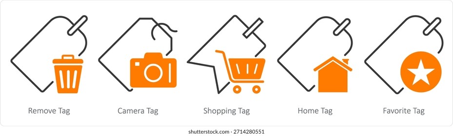 Ein Satz von 5 Business-Icons als Tag entfernen, Kamera-Tag, Einkaufs-Tag