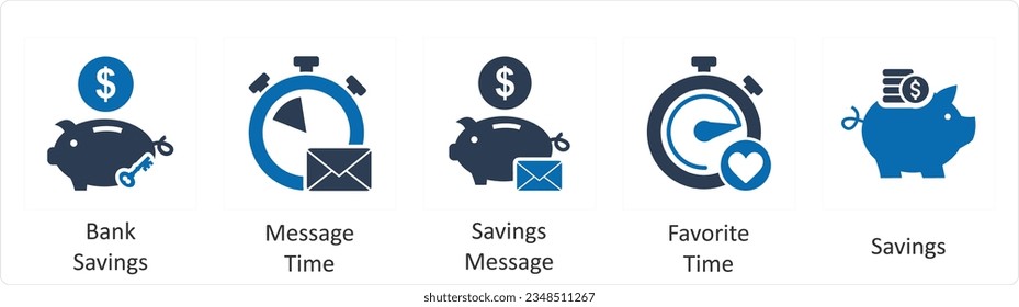 A set of 5 business icons as revenue banking, waste of time, piggy bank