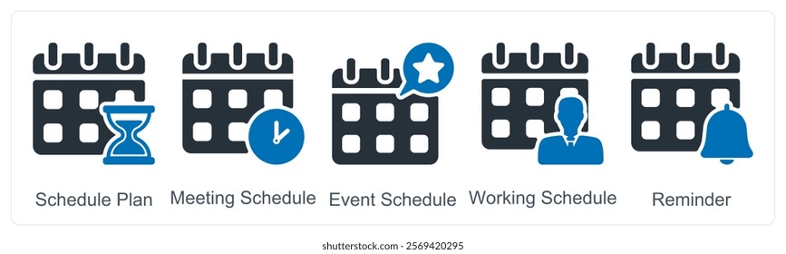 A set of 5 business icons as schedule, meeting schedule, event schedule
