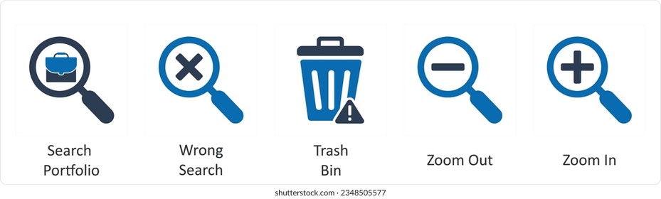 A set of 5 business icons as search portfolio, wrong search, trash bin