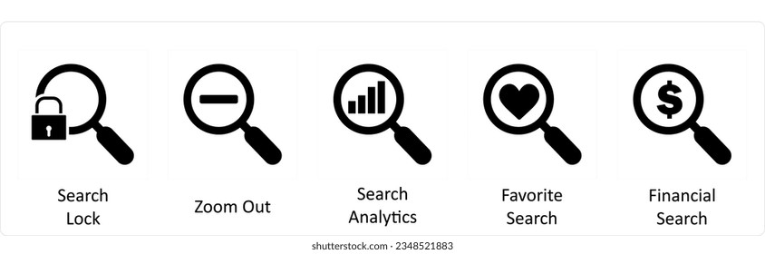 A set of 5 business icons as search lock, zoom out, search analytics