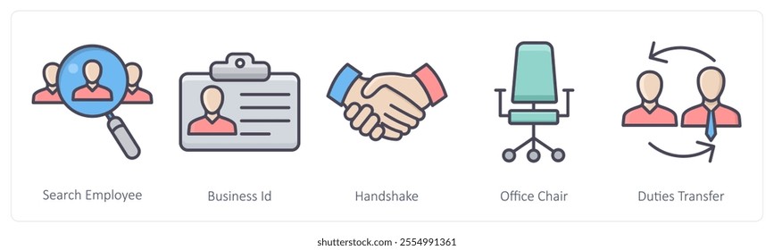 A set of 5 Business icons as search employee, business id, handshake