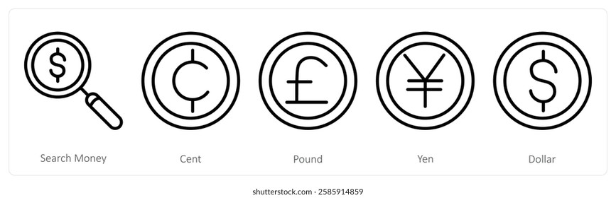 A set of 5 business icons as search money, cent, pound