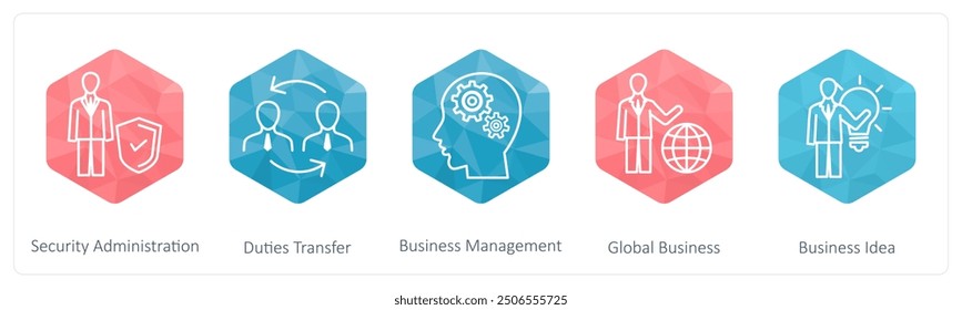 A set of 5 Business icons as security administrator, duties transfer, business management