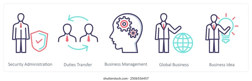 A set of 5 Business icons as security administrator, duties transfer, business management