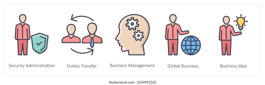 A set of 5 Business icons as security administrator, duties transfer, business management