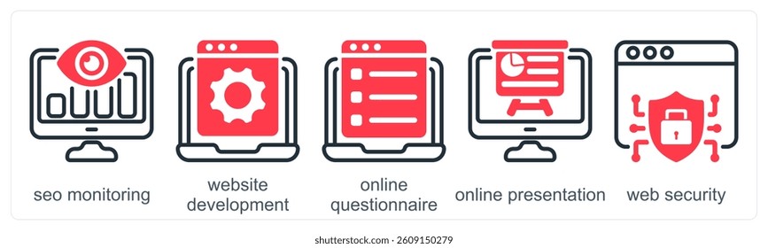 A set of 5 business icons as seo monitoring, web site development, online questionnaire