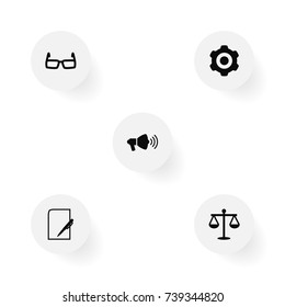 Set Of 5 Business Icons Set.Collection Of Mechanism, Pen, Spectacles And Other Elements.