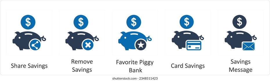 A set of 5 business icons as share savings, remove savings, favorite piggy bank