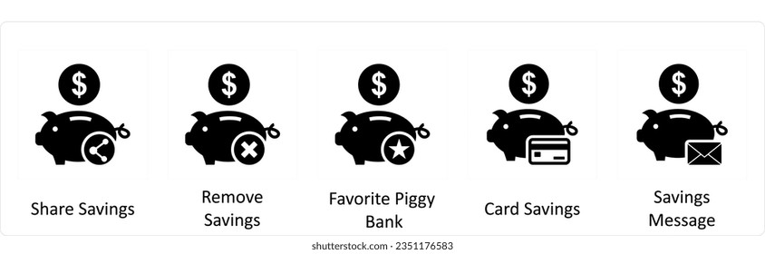 A set of 5 business icons as share savings, remove savings, favorite piggy bank