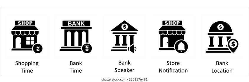 A set of 5 business icons as shopping time, bank time, bank speaker