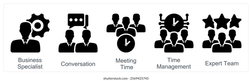 A set of 5 business icons as business specialist, conversation, meeting time