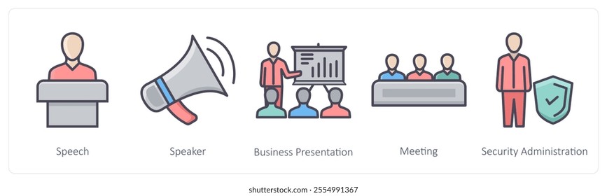 A set of 5 Business icons as speech, speaker, business presentation
