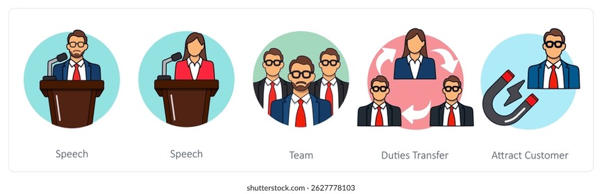 A set of 5 business icons as speech, team, duties transfer