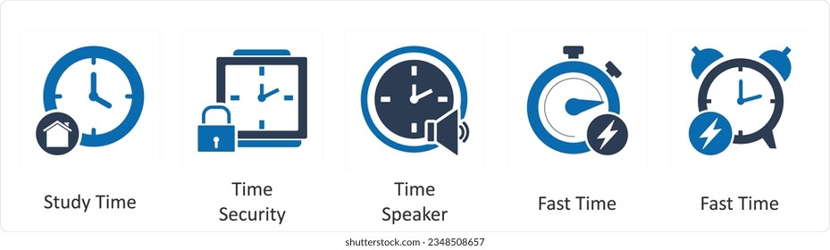 Un conjunto de 5 iconos de negocio como tiempo de estudio, seguridad del tiempo, altavoz de tiempo