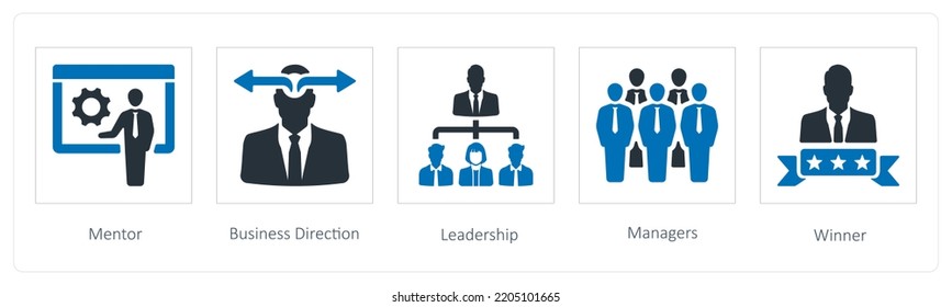 A set of 5 business icons such as business direction, leadership and managers