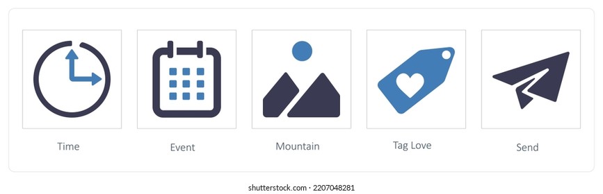 A set of 5 business icons such as time, event and mountain