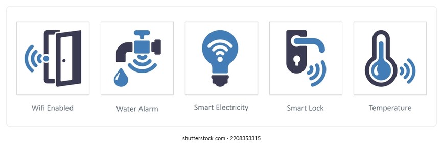 A set of 5 business icons such as wifi enabled and Water Alarm