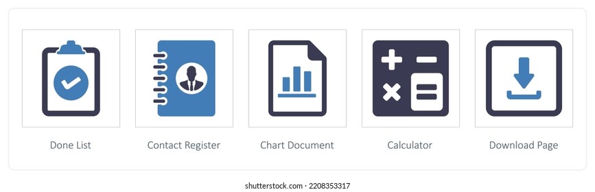 A Set Of 5 Business Icons Such As Done List, Contact Register And Chart Document