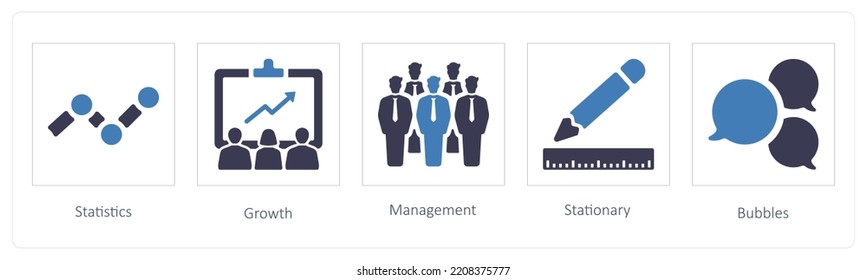 A set of 5 business icons such as Statistics, Growth, management