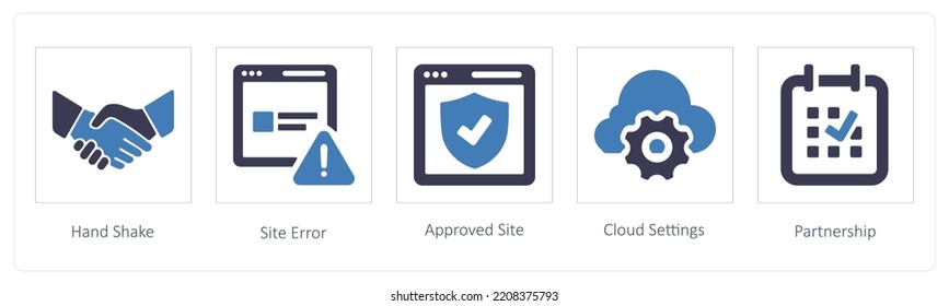 A Set Of 5 Business Icons Such As Hand Shake, Site Error, Approved Site