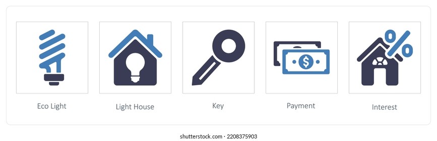 A set of 5 business icons such as Eco Light, Light House