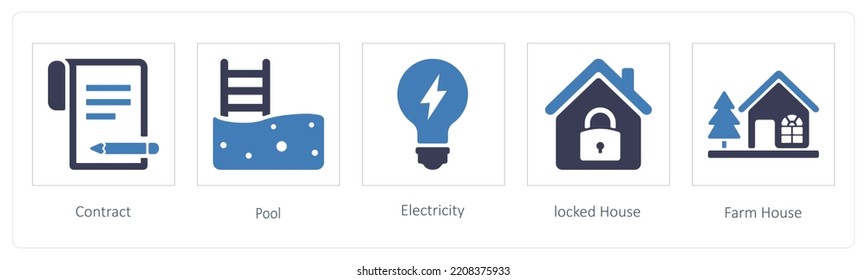 A set of 5 business icons such as Contract, Pool, Electricity