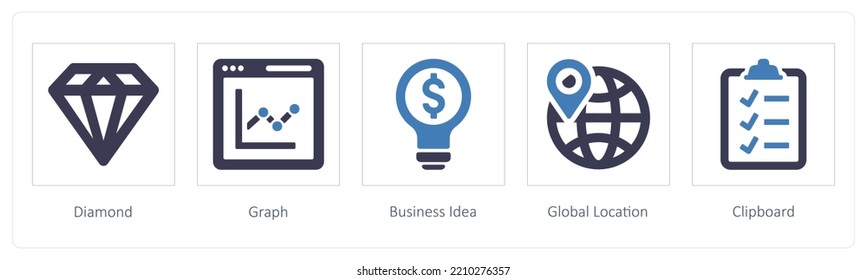 A set of 5 business icons such as Diamond, Graph, Business Idea