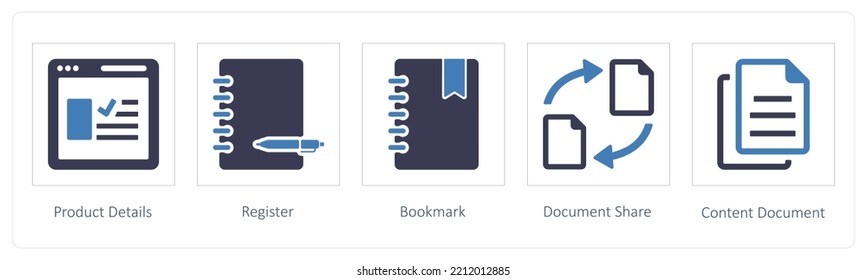 A set of 5 business icons such as Product Details, Register, Bookmark