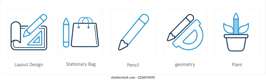 A set of 5 business icons such as layout design, stationary bag