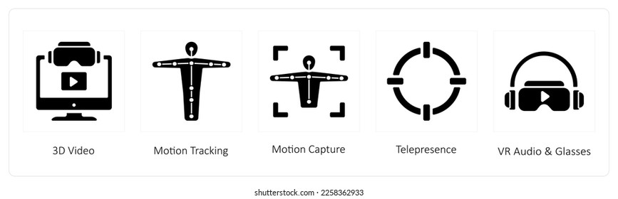 A set of 5 business icons such as 3d video, motion tracking and Motion Capture