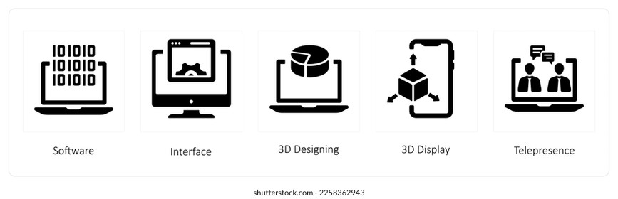 A set of 5 business icons such as Software, interface and 3D Designing