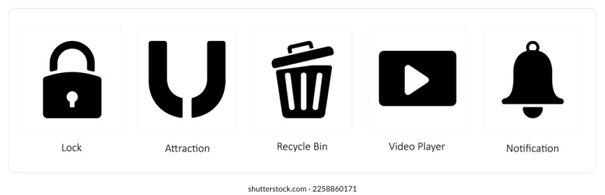 A set of 5 business icons such as lock, attraction and recycle bin