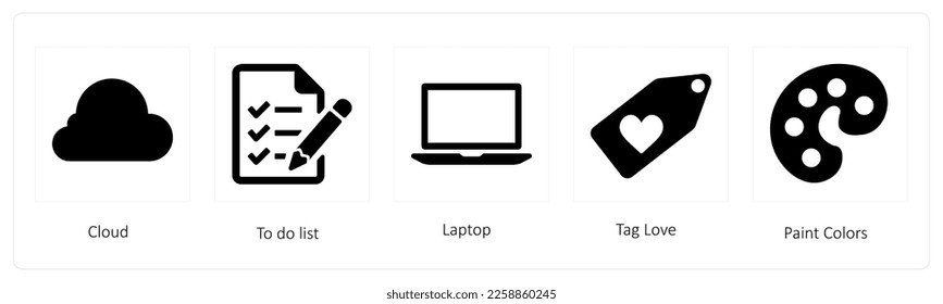 A set of 5 business icons such as cloud, to do list and laptop