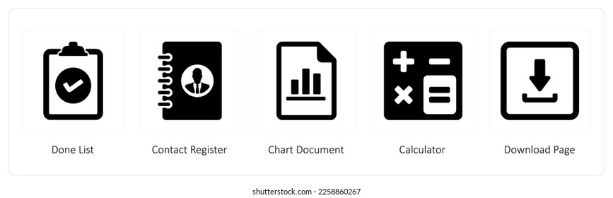 A set of 5 business icons such as done list, contact register and Chart Document