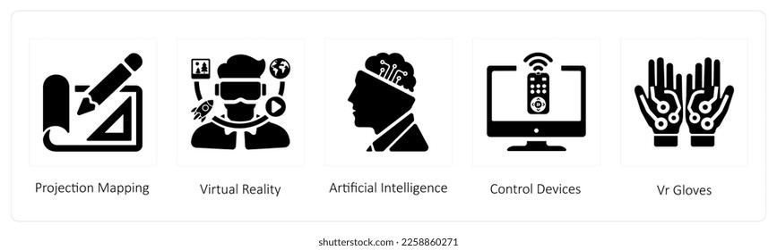 A set of 5 business icons such as Projection Mapping and virtual reality