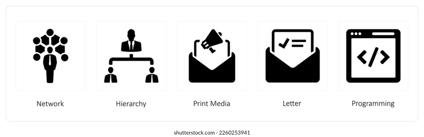A set of 5 business icons such as Network, Hierarchy, Print Media