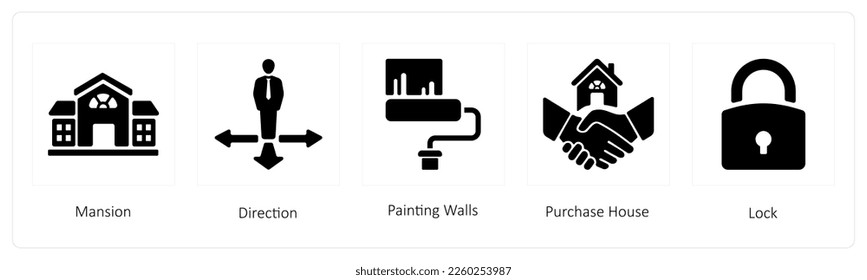 A set of 5 business icons such as Mansion, Direction