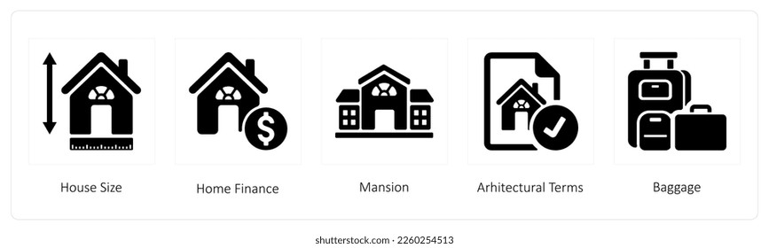 A set of 5 business icons such as House Size, Home Finance, Mansion