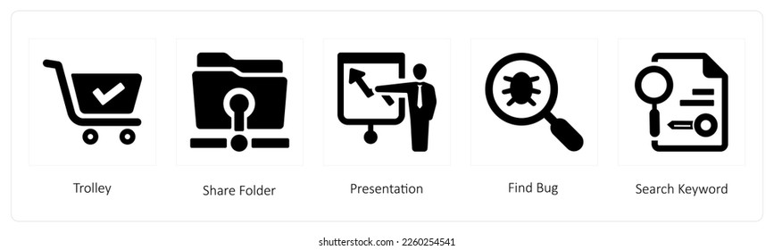 A set of 5 business icons such as Trolley, Share Folder